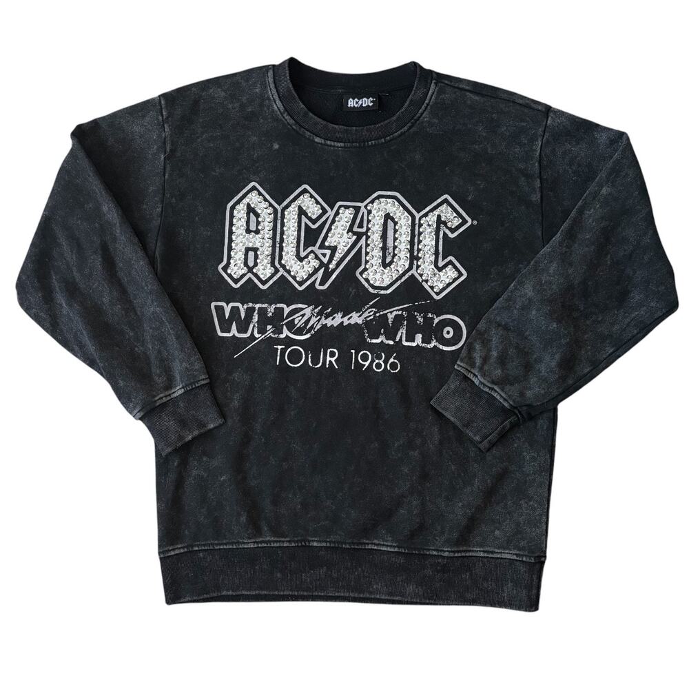 AC/DC Studded Acid Wash Graphic Sweatshirt Black L Rock Spell Out Retro Concert